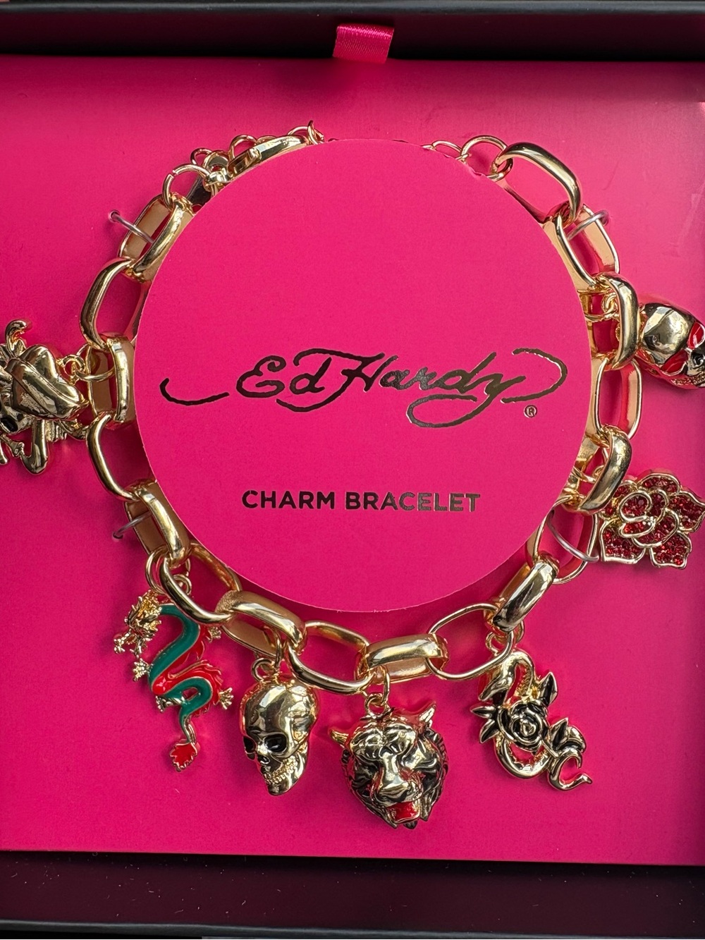 Ed Hardy Gold Tone Charm Bracelet with Red and Green Accents